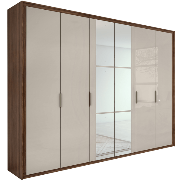 Guarda-roupa em MDF, Com Espelho, 6 Portas, 6 Gavetas - Stillus Imbuia Naturale / Off-White