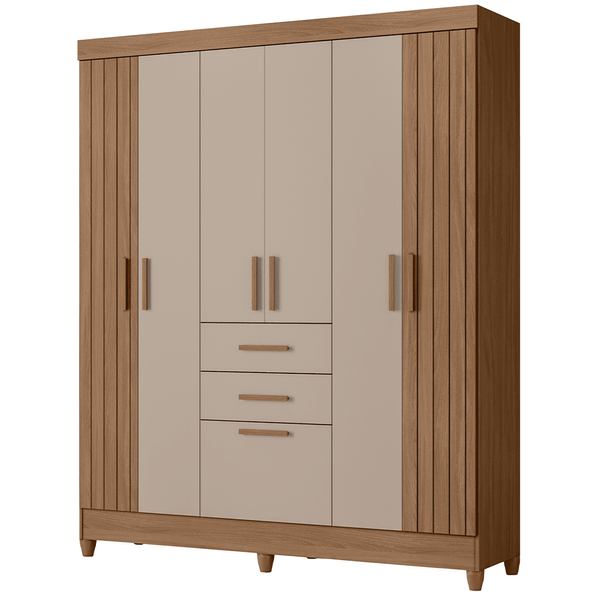Guarda Roupa Malta 6 Portas 3 Gavetas MDP Puxadores em MDF Carvalho / Fendi