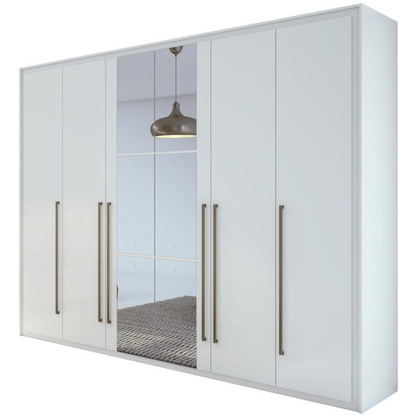 Guarda-roupa em MDF, Com Espelho, 6 Portas, 6 Gavetas - Reali New Branco