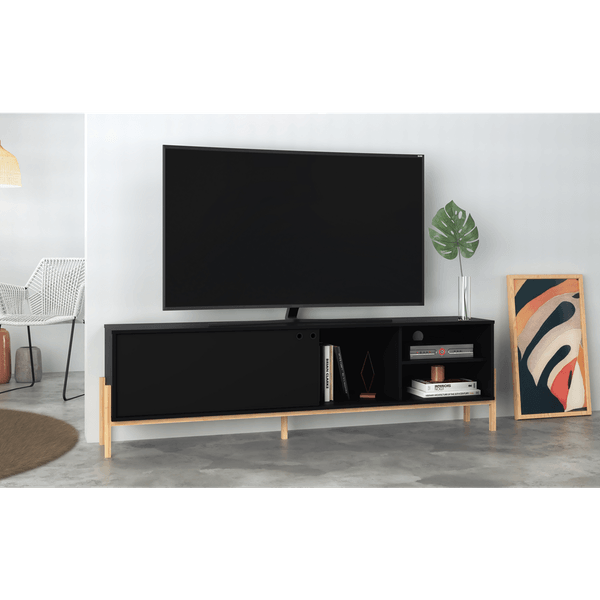 Rack em MDP para TV de até 50'', 1 Prateleira, 1 Porta, Pés Madeira Maciça - BR 51-182 Preto / Pinus