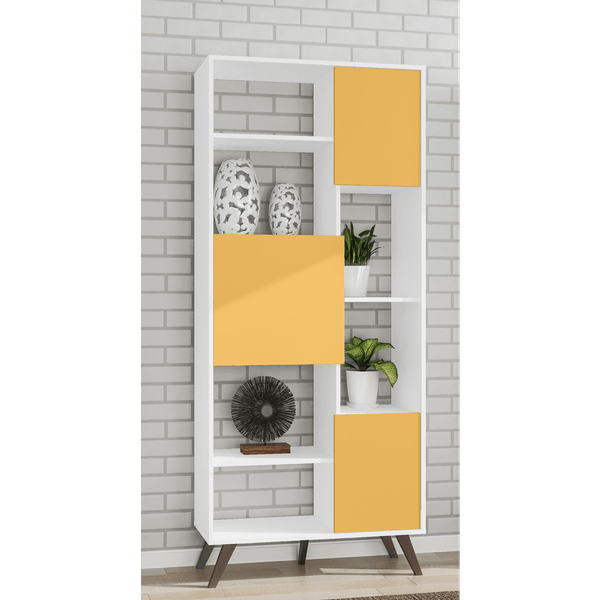 Estante Retrô, 3 Portas, 7 Prateleiras, MDP - Móvel Bento RT3039 Branco / Amarelo