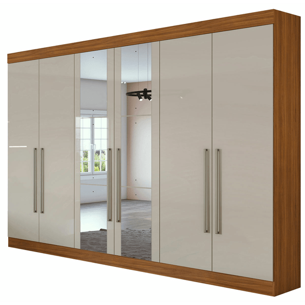 Guarda-roupa em MDF, Com Espelho, 6 Portas, 4 Gavetas - Castellaro Rovere Naturale / Off-White