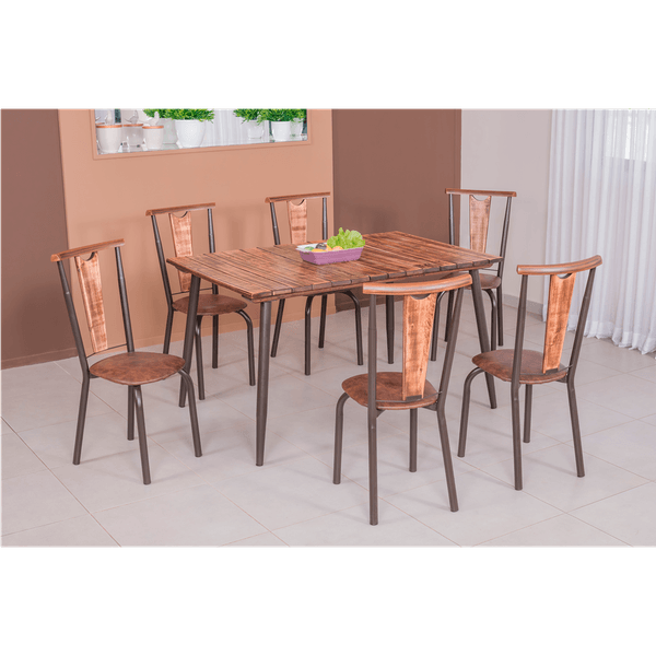 Mesa de Jantar Com 6 Cadeiras, Tampo de Madeira - Modecor Calcário Café / Demolição