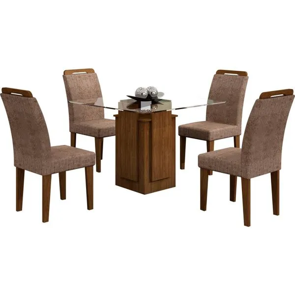 Mesa de Jantar 5 Peças 100% MDF com Tampo em Vidro, Tecido Suede Amassado - Rufato Amsterdã 900 Chocolate