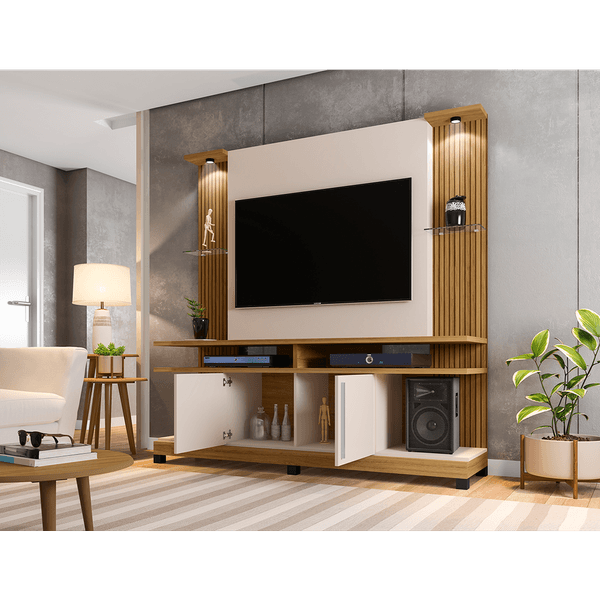 Estante em MDP, Espaço para TV de 55'', 2 Portas, 3 Prateleiras - Home York Led Cinamomo / Off White