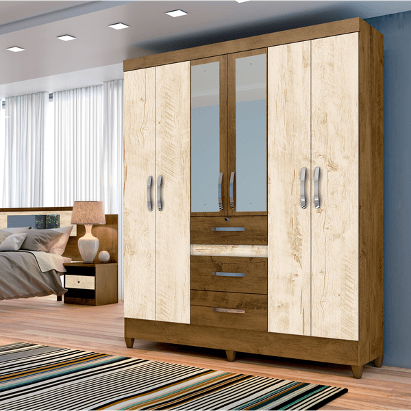 Guarda-roupas 6 Portas, 3 Gavetas, Com Espelho, MDP - Moval Itatiba Castanho Wood / Avelã Wood