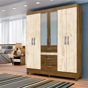 Guarda-roupas 6 Portas, 3 Gavetas, Com Espelho, MDP - Moval Itatiba Castanho Wood / Avelã Wood