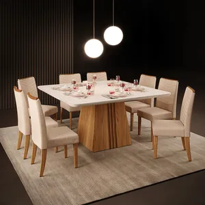 Mesa de Jantar Itália com 8 Cadeiras em MDF/MDP Tampo com Vidro Dj Móveis Carvalho Nobre/ Off White / Carvalho Nobre/ Linha Saara