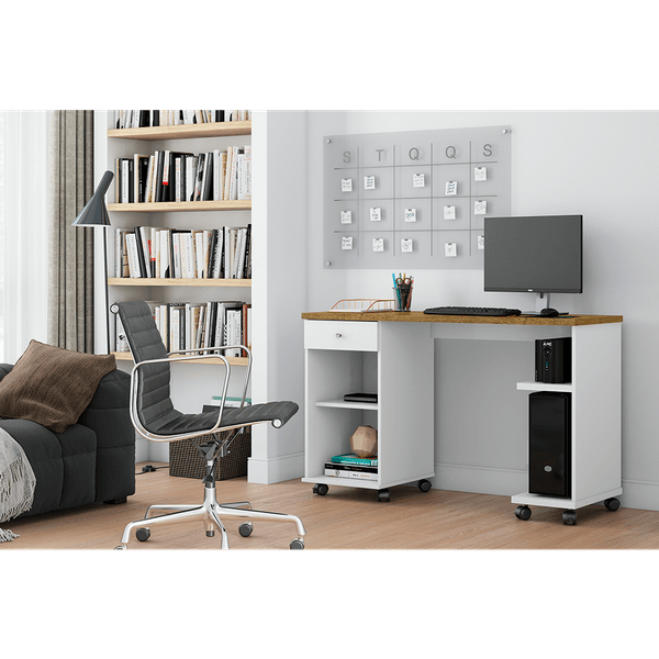 Mesa para Computador em MDP, 1 Gaveta, 2 Prateleiras, Pés Rodízios - Million Branco / Nature