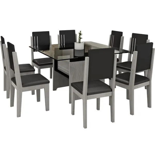 Mesa de Jantar 8 Cadeiras tampo vidro Esmeralda - RV móveis Carvalho / Preto