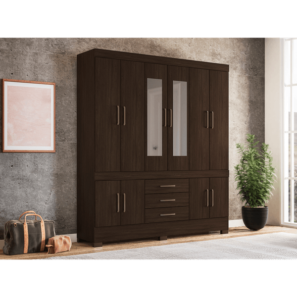 Guarda-roupa em MDP, 10 Portas, 3 Gavetas, Espelho - Demóbile New Murano Ébano