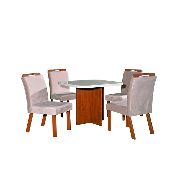 Mesa de Jantar Liz com 4 Cadeiras em MDF Tampo com Vidro Off White / Amêndoa