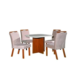 Mesa de Jantar Liz com 4 Cadeiras em MDF Tampo com Vidro Off White / Amêndoa