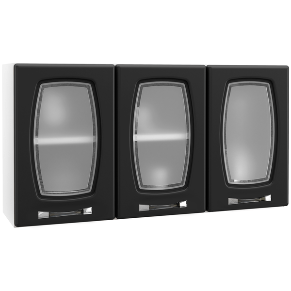 Armário Triplo Médio em Aço, 3 Portas com Vidro, 1 Prateleira - Telasul Novitá Branco / Preto
