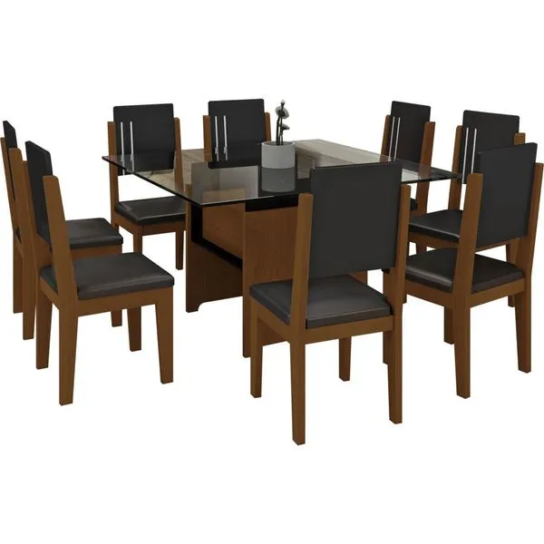 Mesa de Jantar 8 Cadeiras tampo vidro Esmeralda - RV móveis Imbuia / Preto