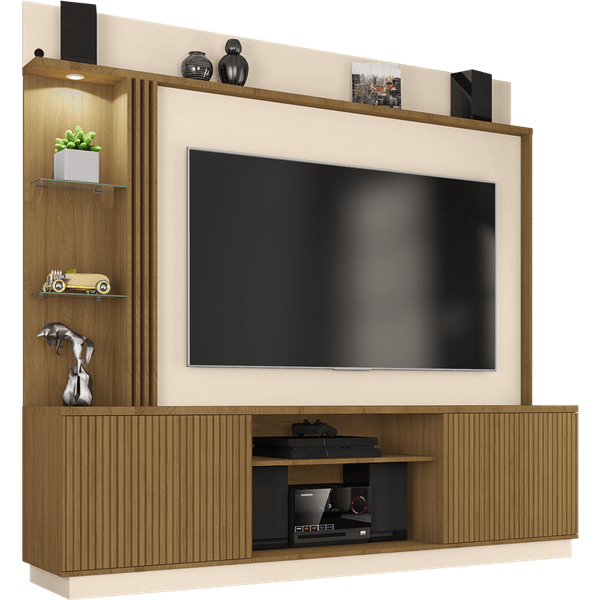 Estante em MDP Para Tv Ate 65'', Com LED, 4 Prateleiras, 2 Portas - Home Theater Atlanta Cinamomo/Off-White/Ripado