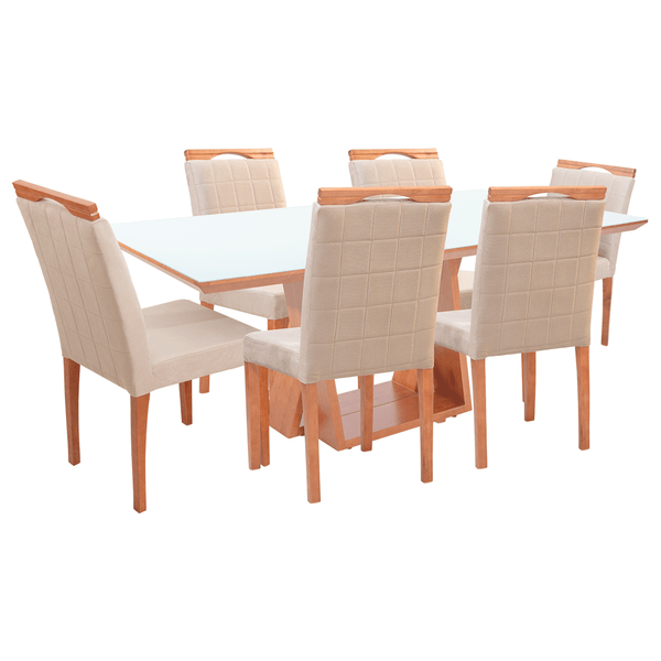 Mesa de Jantar New Cerejeira com 6 Cadeiras Madeira Maciça Mel/ Off White