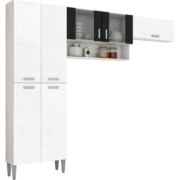 Cozinha 3 Peças, 7 Portas - Kit's Paraná Quartz Branco Linho / Preto Linho