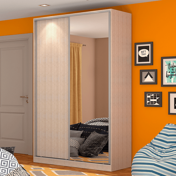 Guarda-roupa em MDF, 2 Portas, 3 Gavetas, 5 Prateleiras, Com Espelho - RC2004 Noce