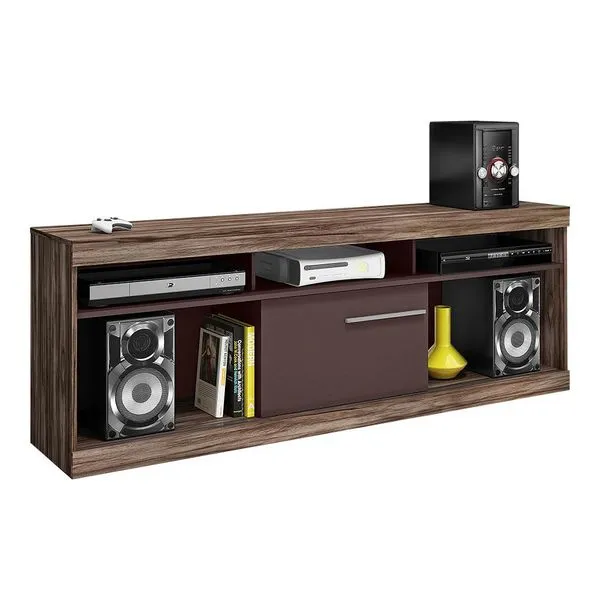Rack com Porta Deslizante - Dj Móveis Havana Carvalho Vittro / Fendi Brilho