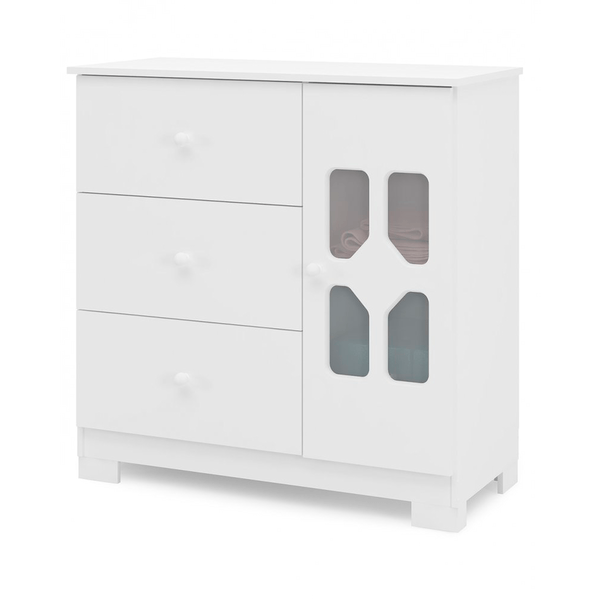 Cômoda de Madeira, 3 Gavetas, 1 Porta, MDF - Canaã Móveis New Cristal Branco Brilho