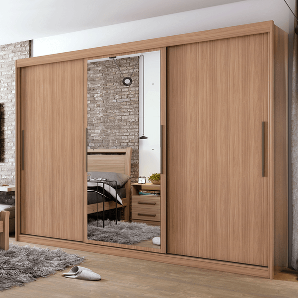 Guarda-roupa em MDF, 3 Portas, 4 Gavetas, Com Espelho - Taurus Carvalho Naturale / Off White