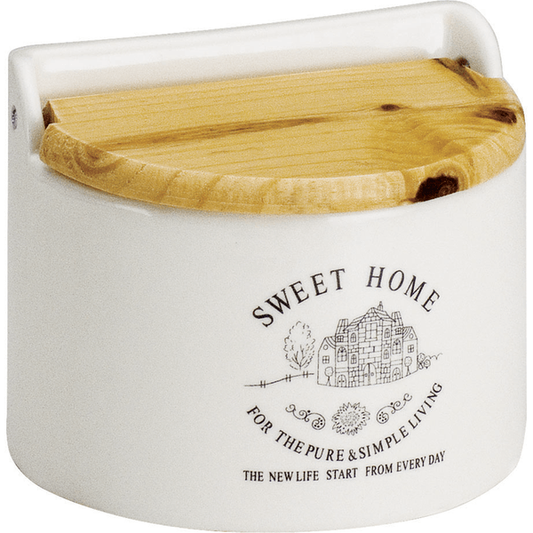 Saleiro Sweet Home Bon Gourmet, Cerâmica, Tampa em Madeira, Branco - 2853