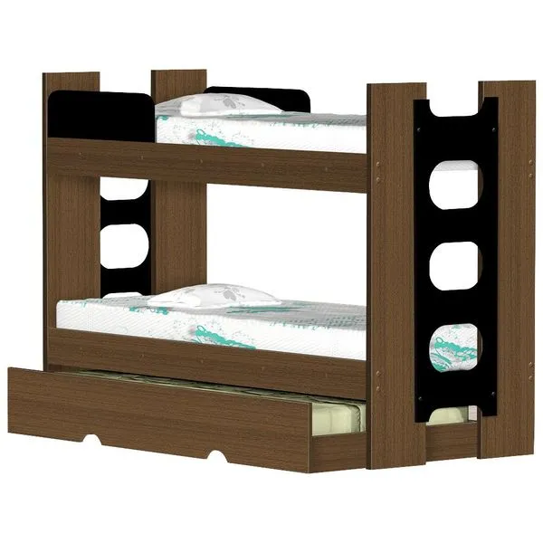 Beliche com Cama Auxiliar 90x190 Rubi Geval Imbuia / Preto