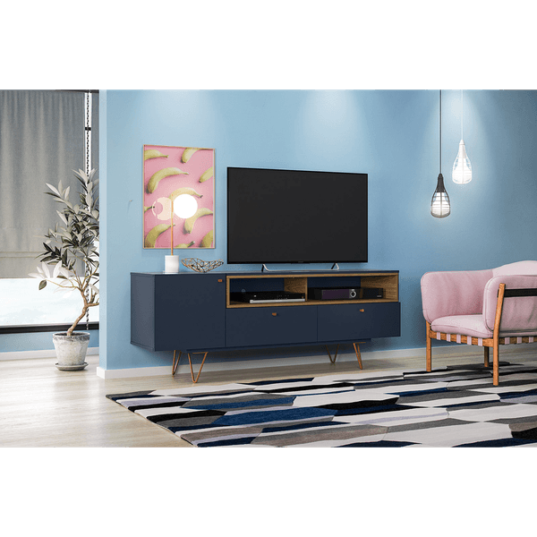 Rack Retrô para TV até 42'', 1 Porta, 2 Gavetas, 2 Prateleiras, 4 Pés - Metal Alasca Azul / Freijó