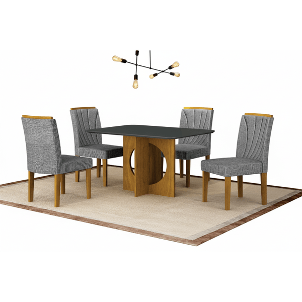 Mesa de Jantar Lorena MDF com 4 Cadeiras Estofadas e Tampo de Vidro Freijó/Chumbo