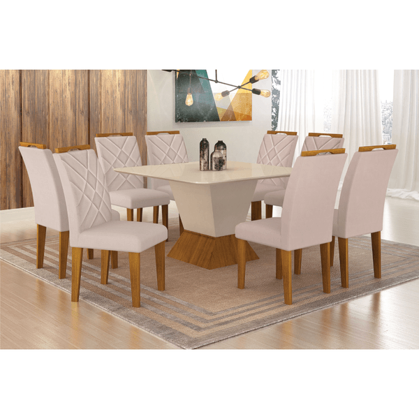 Mesa de Jantar Larissa MDF com 8 Cadeiras Estofadas e Tampo de Vidro Freijó / OffWhite
