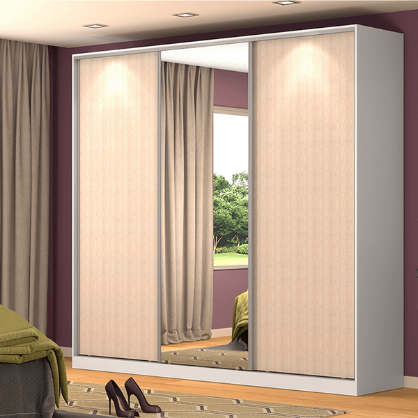 Guarda-roupa em MDF, 3 Portas de Correr, 3 Gavetas, com Espelho - RC3001 Branco / Noce
