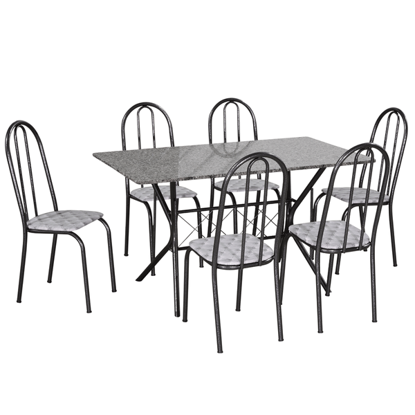 Mesa de Jantar com 6 Cadeiras, Tampo em Granito, Aço Carbono - Bruna Cinza / Estampa Capitonê