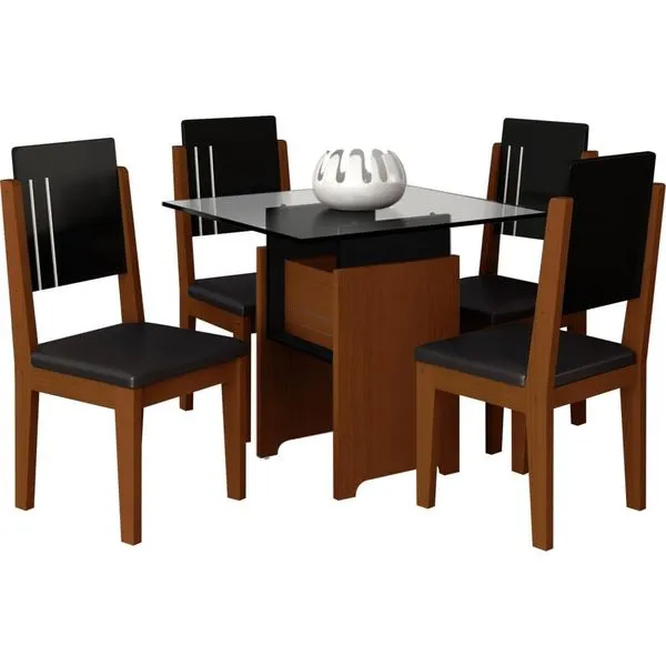 Mesa de Jantar 5 Peças com Tampo em Vidro - RV Móveis Esmeralda Imbuia / Preto