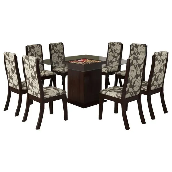 Mesa de Jantar 8 Cadeiras com Tampo de Vidro - Viero Móveis Elegance Tabaco / Café