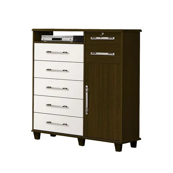 Cômoda em MDP e MDF, 7 Gavetas, 1 Porta - Fabrimóveis Pérola Tabaco / Branco