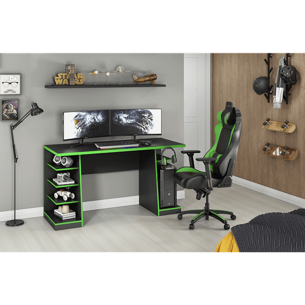 Mesa Gamer para Computador em MDP, 4 Prateleiras, Suporte para Headset - NT2020 Preto / Verde