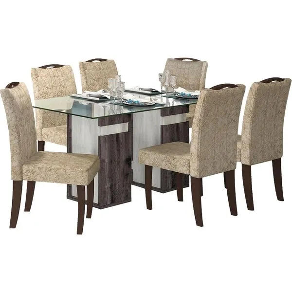 Mesa de Jantar DJ Móveis Napoli 6 Cadeiras, Vidro 180 Belfort Oak / Blanc Madére