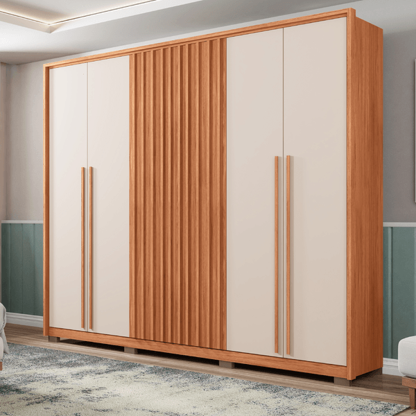 Guarda-Roupa Casal MDP/MDF 6 Portas 4 Gavetas Pés em PVC - New Comodus Freijó / Off White