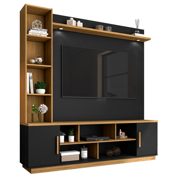 Estante Home para TV até 60'', MDP/MDF, 02 Portas, 05 Prateleiras, com LED - Prestige Preto Fosco / Cinamomo