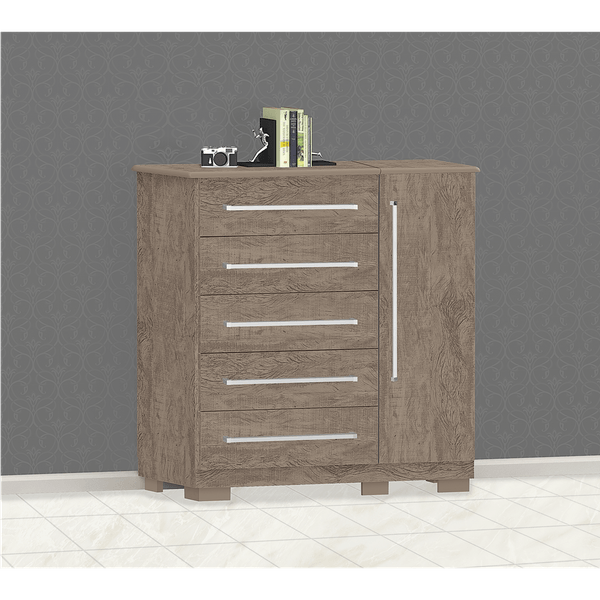 Cômoda 100% em MDF, 5 Gavetas, 1 Porta - Fenix Móveis Adele Cacau