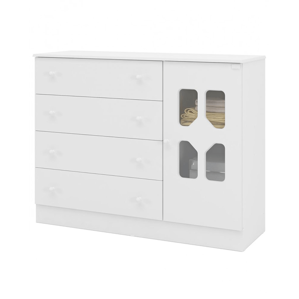 Cômoda de Madeira, 4 Gavetas, 1 Porta, MDF - Canaã Móveis Cristal Branco Brilho
