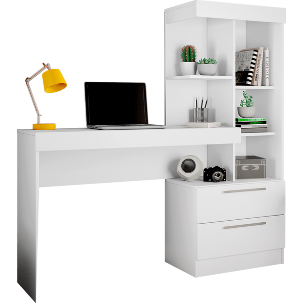 Mesa para Escritório com Nicho, 2 Gavetas, MDP - Office NT 2010 Branco / Rosa