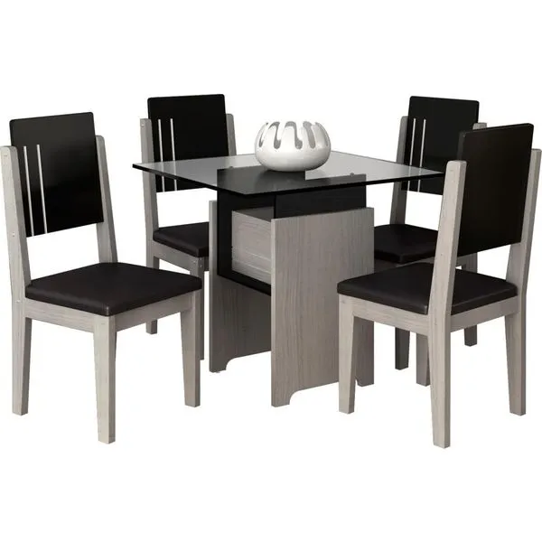 Mesa de Jantar 5 Peças com Tampo em Vidro - RV Móveis Esmeralda Carvalho / Preto