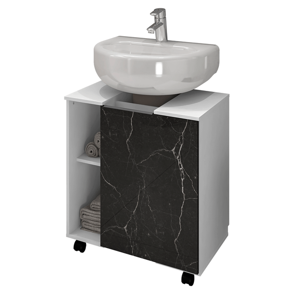 Gabinete para Lavatório, MDP, 1 Porta, 5 Prateleiras 4 Rodízios - Pequin Branco/ Nero