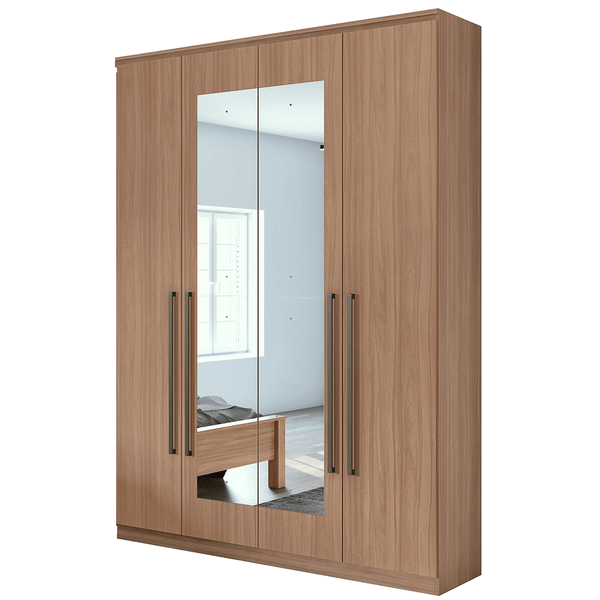 Guarda-roupa em MDF, Com Espelho, 04 Portas, 02 gavetas, 02 Prateleiras - Alonzo New Carvalho