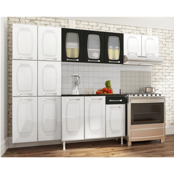 Cozinha Compacta de Aço 3 Peças, 11 Portas, Janelas em Vidro - Telasul Novitá Branco / Preto