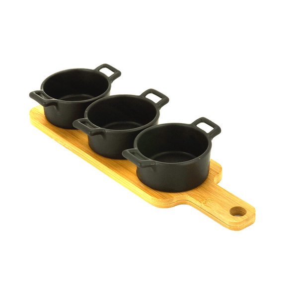 Conjunto de Petisqueira Bon Gourmet, 4 Peças, Porcelana e Bambu, Preto - 27814