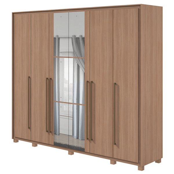 Guarda-Roupa 6 Portas, 6 Gavetas, Com Espelho, Com Pés - Móveis Lopas Reali New Carvalho Natural