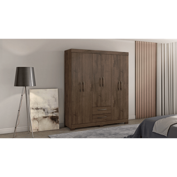 Guarda-roupa em MDP, 6 Portas, 2 Gavetas, 2 Prateleiras - NT5130 Café